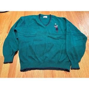 Pinnacle Mens XL Golf Embroidery Textured Mens Sweater Long Sleeve Green V Neck